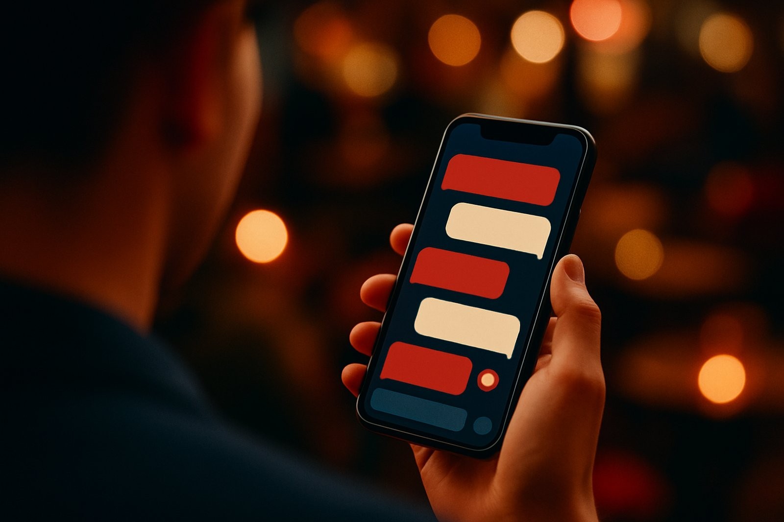 A hand holding a smartphone with active messaging bubbles indicating a chat in progress