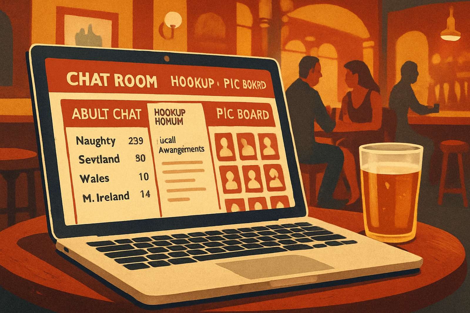 Bird's eye view of a UK map with regional pins and warm pub lighting atmosphere