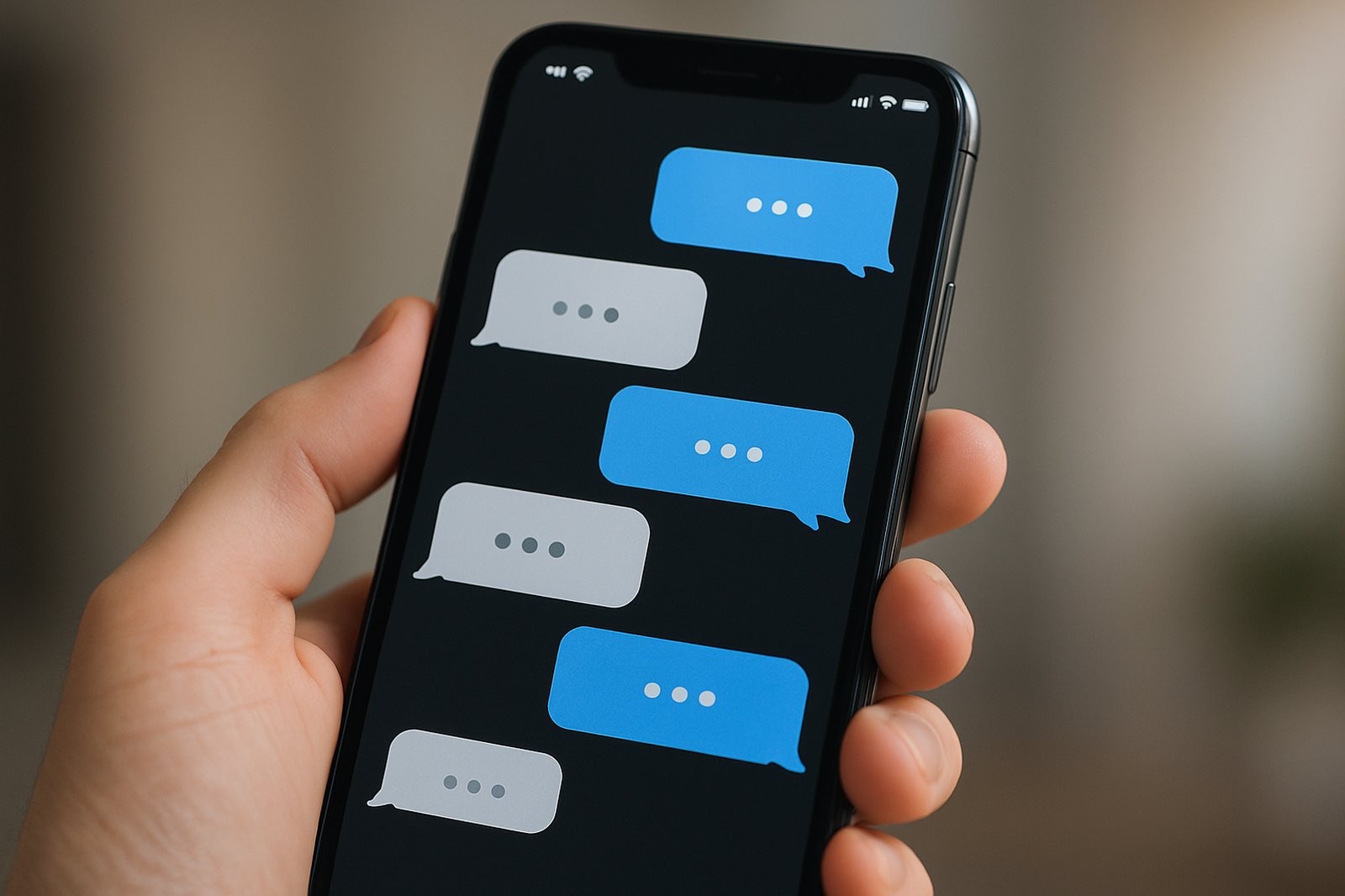 Hands holding a smartphone showing active chat bubbles