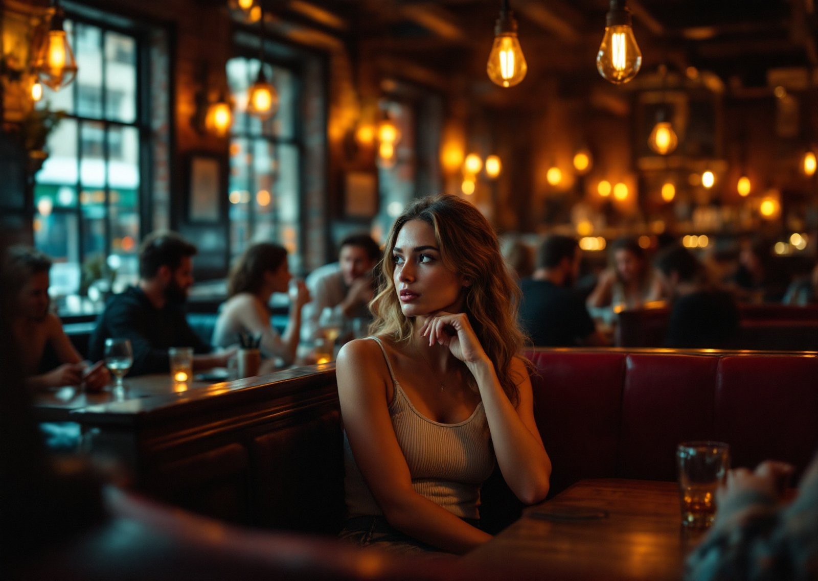 Hands holding a smartphone with warm red and gold light reflecting off the screen in a cozy bar setting