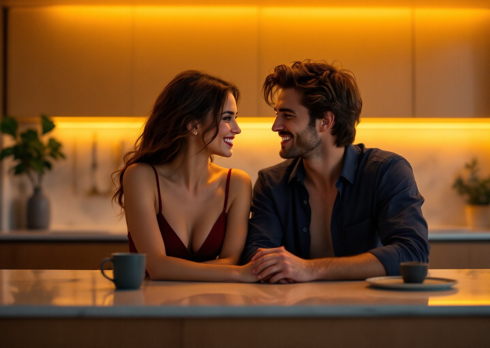 Hands holding a smartphone with warm red and cream ambient light suggesting an adult chat session