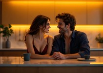 Hands holding a smartphone with warm red and cream ambient light suggesting an adult chat session